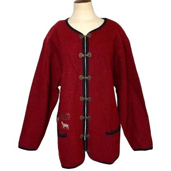𝅺VINTAGE 80's Feu Rouge Embroidered Country Red pure Wool Shacket Cardigan Sz L - Picture 1 of 13